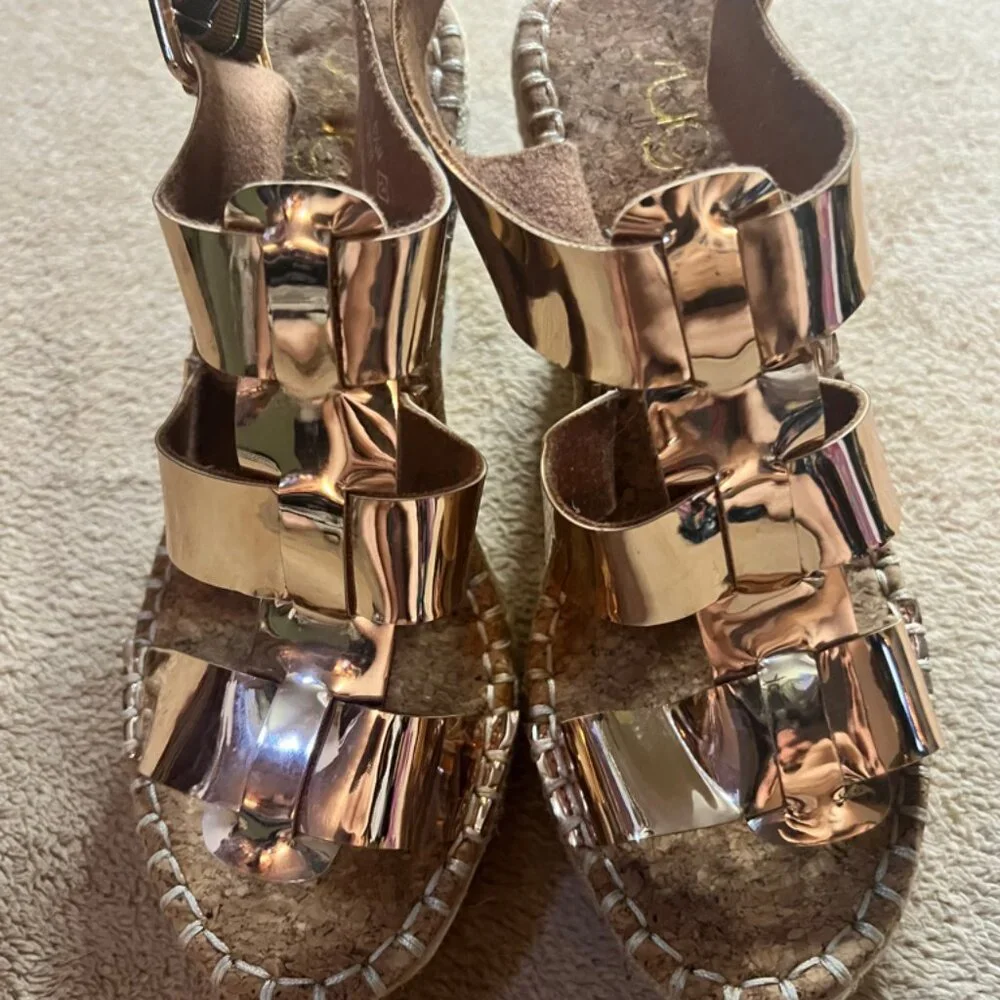 Sugar SGR Hottie Sz 6.5 Cork Wedge Gold Shine Strap Adjustable Buckle S05